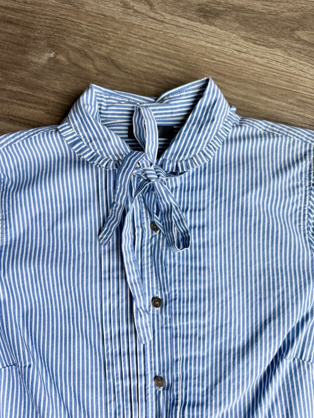 J Crew Striped Tie Neck Tuxedo Ruffle Cotton Shirt Blue White Size 6